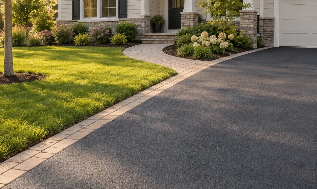 Illustrative asphalt driveway with a paver border and landscaped American home